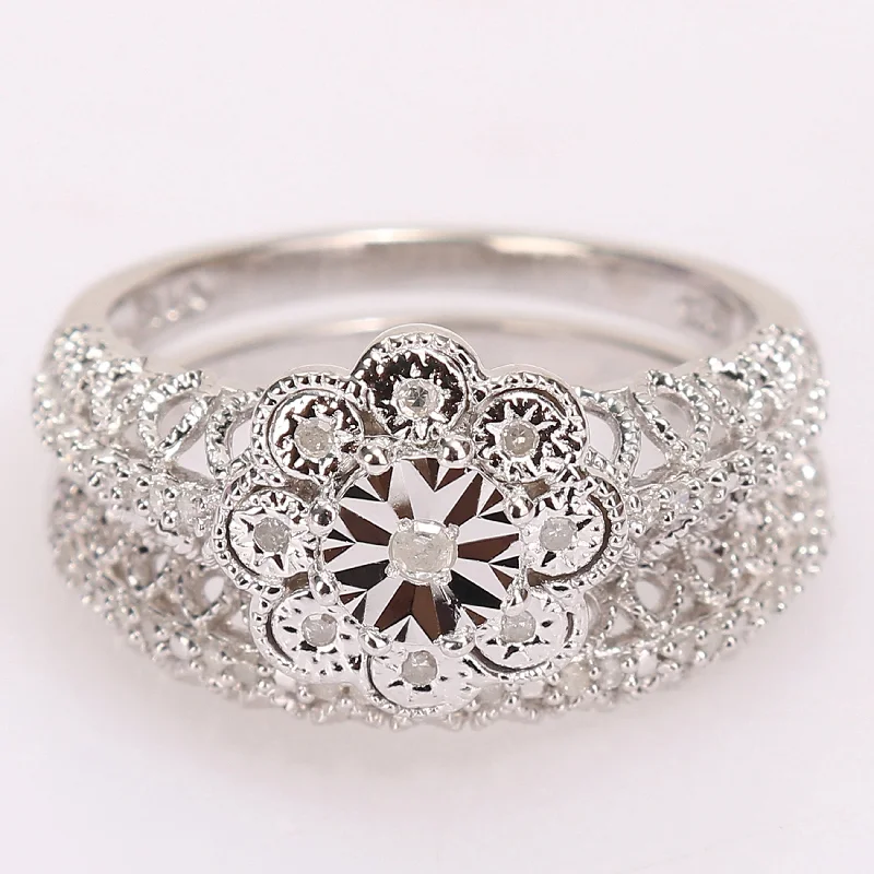 Women’s opal ring-Miadora Sterling Silver 1/6ct TDW Diamond Floral Vintage Bridal Ring Set