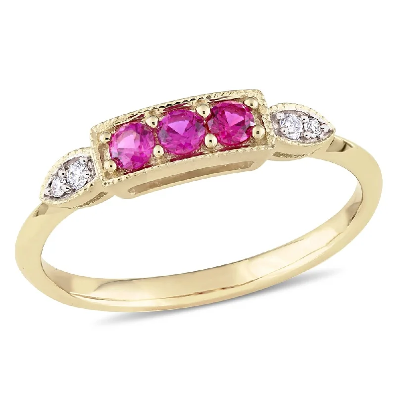 Women’s gemstone ring-Miadora 10k Yellow Gold Blue Created Ruby and Diamond Bar Ring