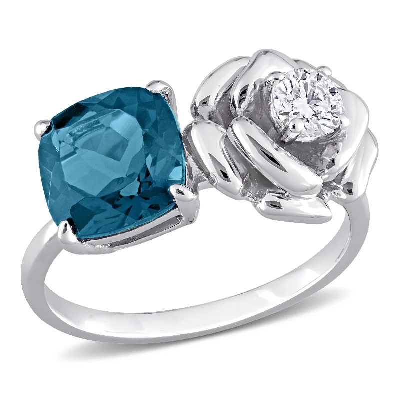 Women’s silver engagement ring-Miadora 2 7/8ct TGW Cushion-Cut London Blue Topaz and White Topaz 2-Stone Rose Ring in Sterling Silver