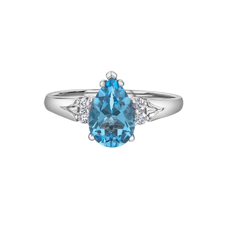 Women’s leaf design ring-10kt White Gold Blue Topaz and Diamond Ring