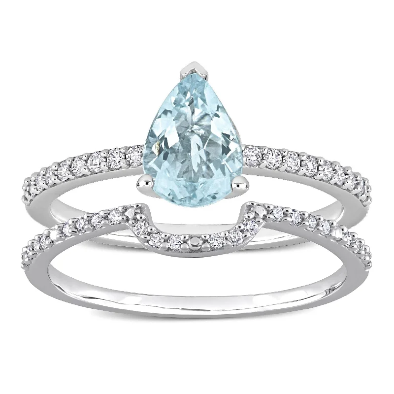 Women’s eternity diamond ring-Miadora Pear-cut Aquamarine and 1/4ct TDW Diamond Teardrop Bridal Ring Set in 14k White Gold