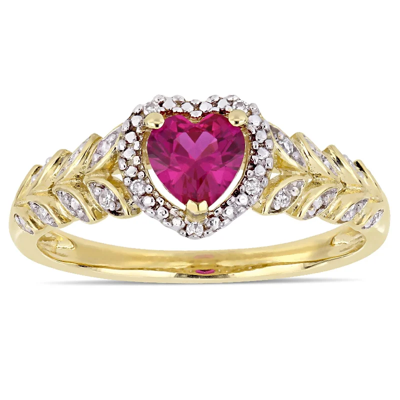 Women’s wide-band engagement ring-Miadora 10k Yellow Gold Created Ruby and Diamond Heart Halo Ring