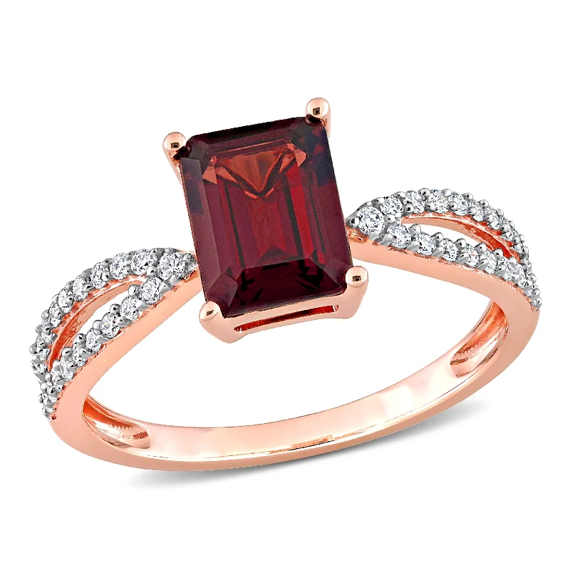 Women’s fashion ring-Miadora 2 1/8ct TGW Octagon Garnet and 1/5ct TDW Diamond Crossover Ring in 14k Rose Gold