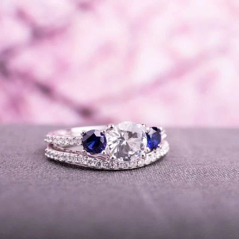 Women’s wedding set ring-Miadora 10k White Gold Created White and Blue Sapphire 1/3ct TDW Diamond Bridal Ring Set