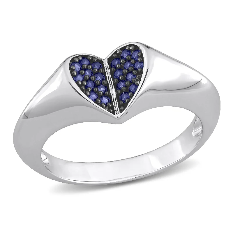 Women’s double-band ring-Miadora 1/5ct TGW Created Blue Sapphire Heart Ring in Black Rhodium Plated Silver