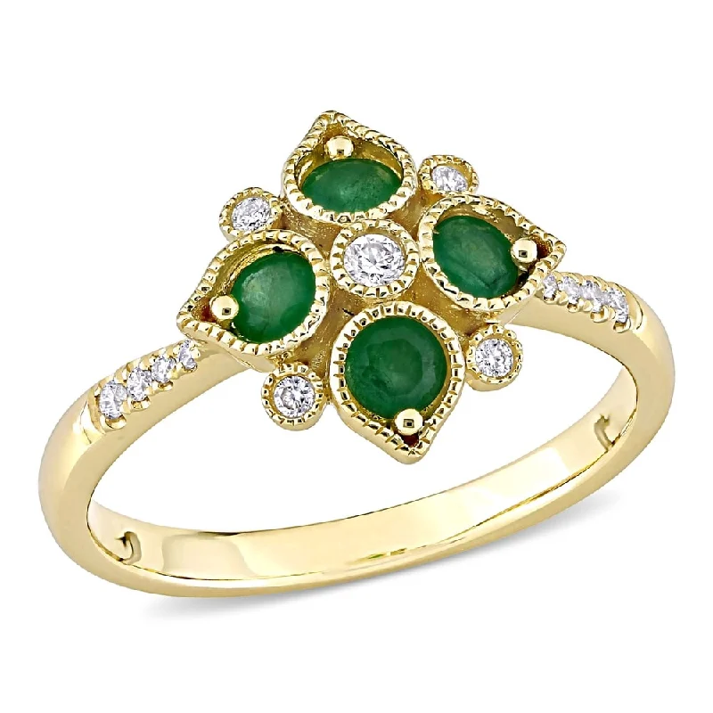 Women’s wide-band engagement ring-Miadora 14k Yellow Gold Emerald and 1/10ct TDW Diamond Floral Geometric Cluster Ring