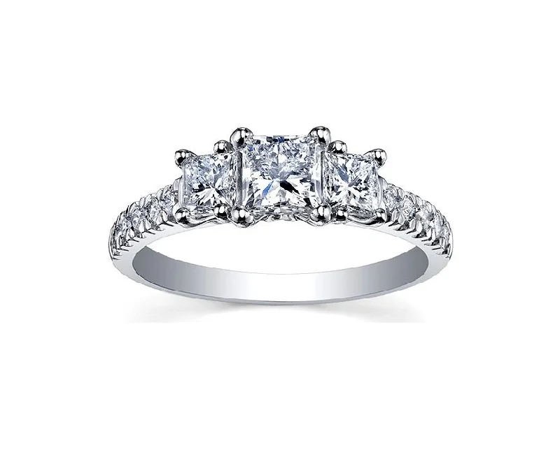 Women’s men’s style ring-14kt White Gold Princess Cut Three Across 0.75cttw Diamond Ring