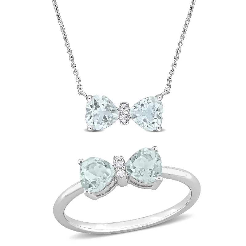 Women’s simple necklace-Miadora 1-3/8ct TGW Heart Aquamarine Diamond Accent 2-Piece Bow Necklace Ring Set 10k White Gold