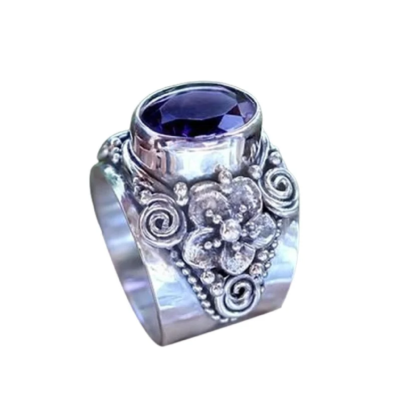 Women’s bridal ring set-Wide Carved Unisex Ring Luxury Purple Faux Crystal Finger Ring Jewelry Accessaries - Silver - us 10