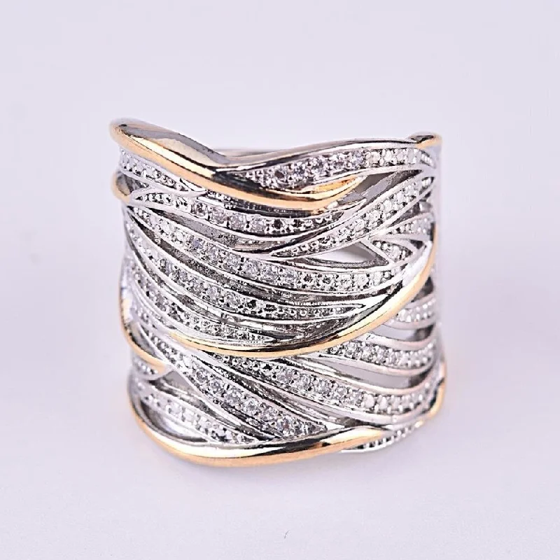 Women’s eternity ring-Lady Two Tone Rhinestone Inlaid Crossover MultiLayer Finger Ring Party Jewelry - Silver