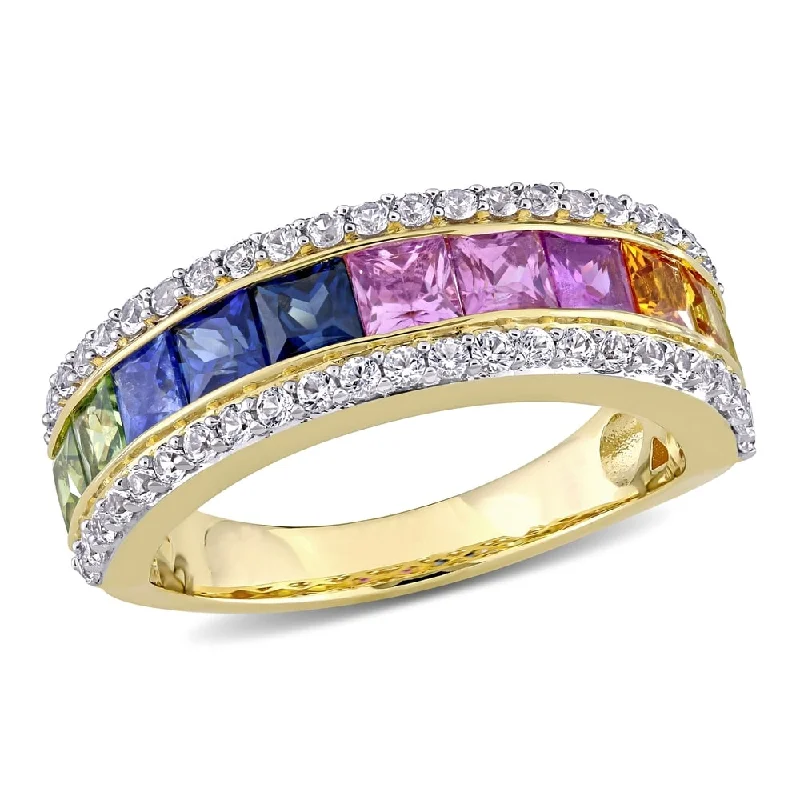 Women’s sapphire ring-Miadora 14k Yellow Gold Multi-color Square -cut Sapphire Halo Eternity Band Ring