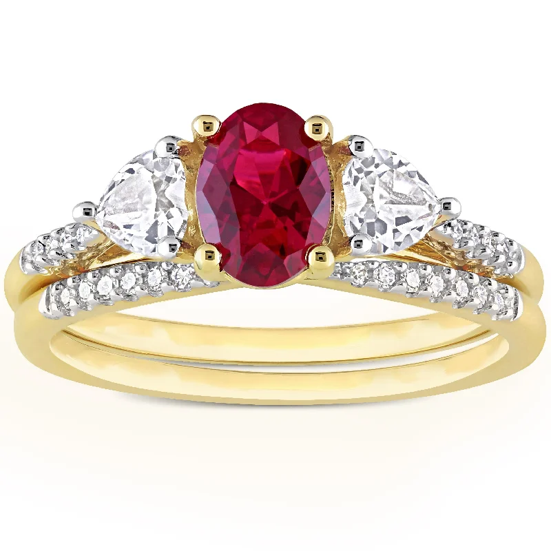 Women’s cocktail ring-Miadora 10k Yellow Gold Created Ruby White Sapphire & 1/10ct TDW Diamond 3-Stone Bridal Ring Set