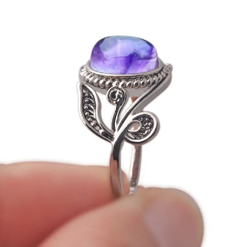 Women’s art deco ring-Antique Lady Purple Rhinestone Carved Leaf Style Finger Ring Party Jewelry Gift