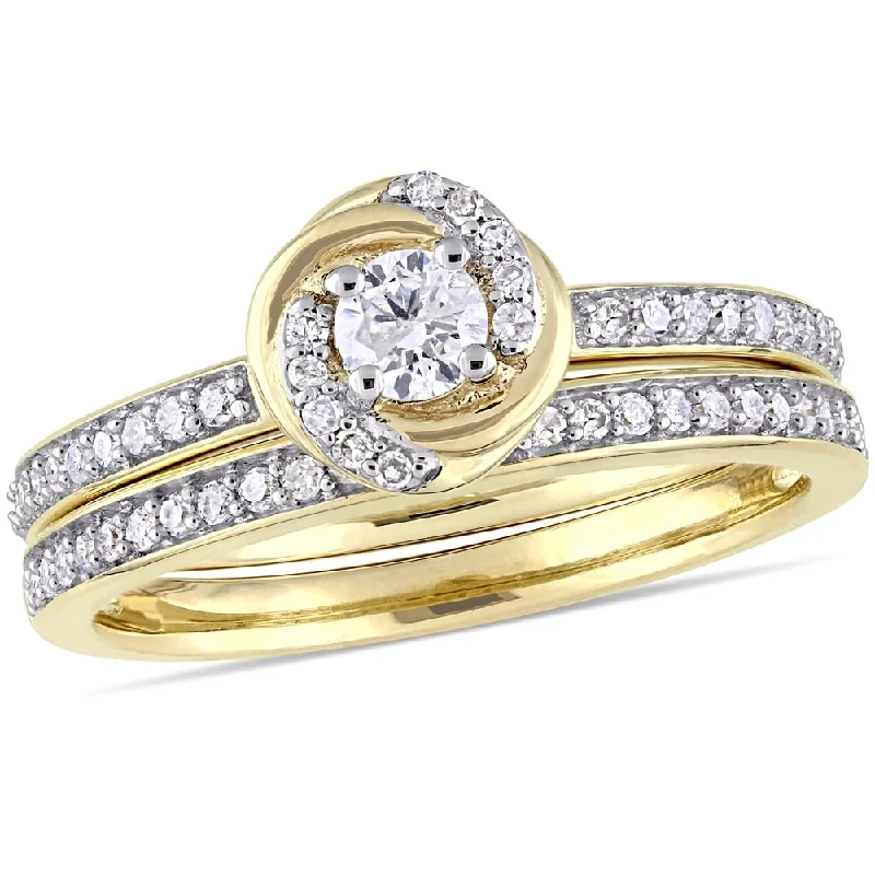 Women’s halo engagement ring-Miadora 10k Yellow Gold 1/2ct TDW Diamond Swirl Halo Bridal Ring Set