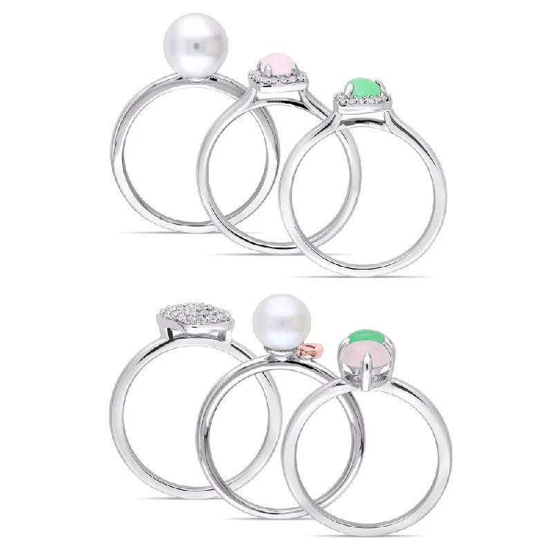 Women’s engraved ring-Miadora White and Rose Plated Sterling Silver Pink Green Dyed Quartz White Topaz Pearl Diamond Ring