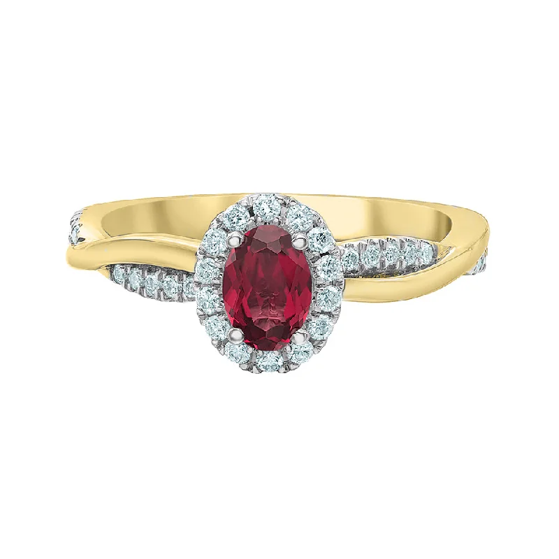 Women’s wide-band engagement ring-14kt Yellow Oval Lab-Grown Ruby And Diamond Ring