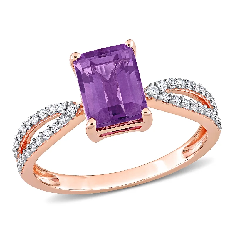 Women’s stackable ring-Miadora 1 1/3ct TGW Octagon Amethyst and 1/5ct TDW Diamond Crossover Ring in 14k Rose Gold