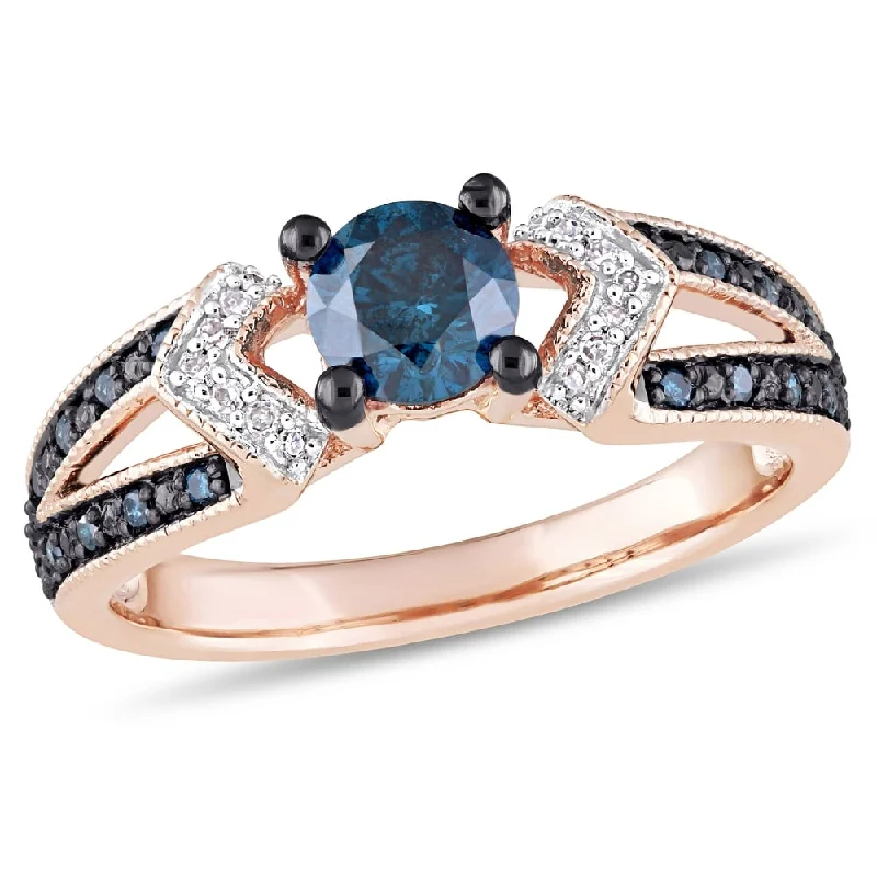 Women’s sapphire solitaire ring-Miadora 10k Rose Gold with Black Rhodium Blue & White Diamond Split Shank Ring