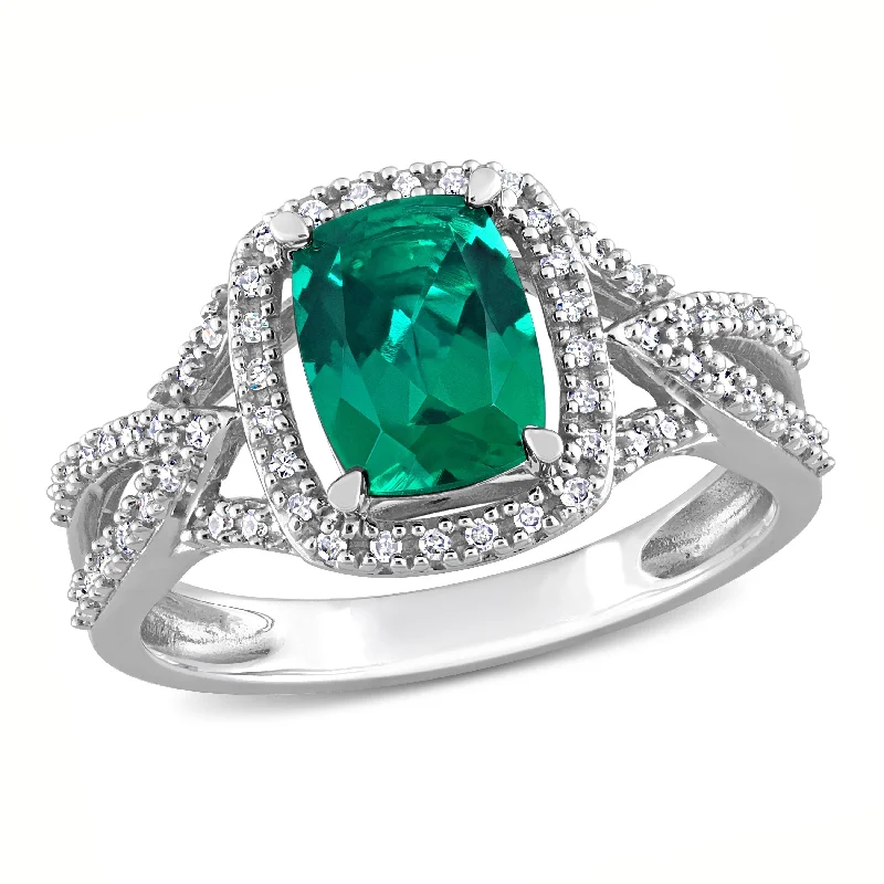 Women’s cocktail ring-Miadora 2ct TGW Aquamarine Created Emerald and 1/6ct Diamond Split-Shank Halo Ring in 10k White Gold