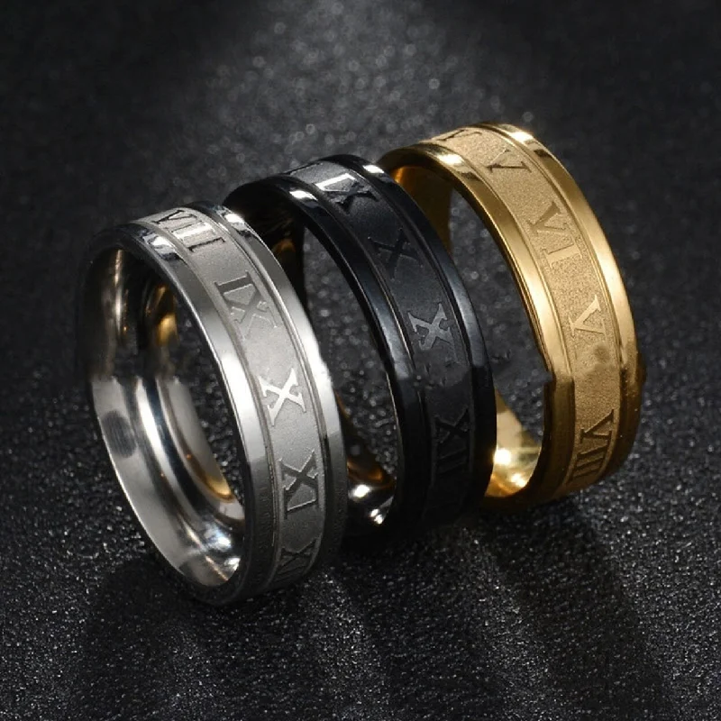 Women’s vintage ring-Wide Roman Numeral Men Ring Stainless Steel Simple Smooth Finger Ring Fashion Jewelry