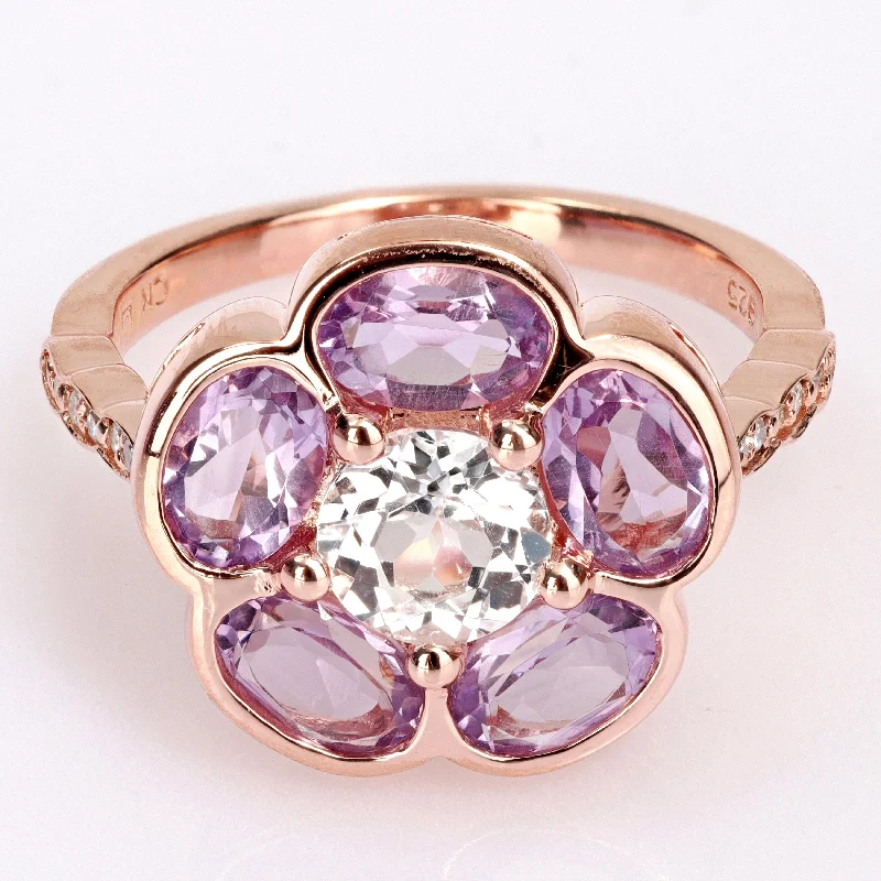 Women’s silver engagement ring-Miadora Rose Plated Sterling Silver Amethyst, White Topaz and Diamond Accent Composite Flower Ring