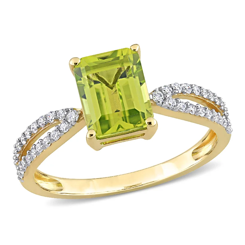 Women’s halo engagement ring-Miadora 1 5/8ct TGW Octagon Peridot and 1/5ct TDW Diamond Ring in 14k Yellow Gold