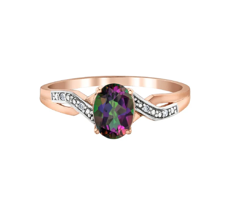 Women’s twisted band ring-10kt Rose Gold Mystic Topaz and Diamond Ring