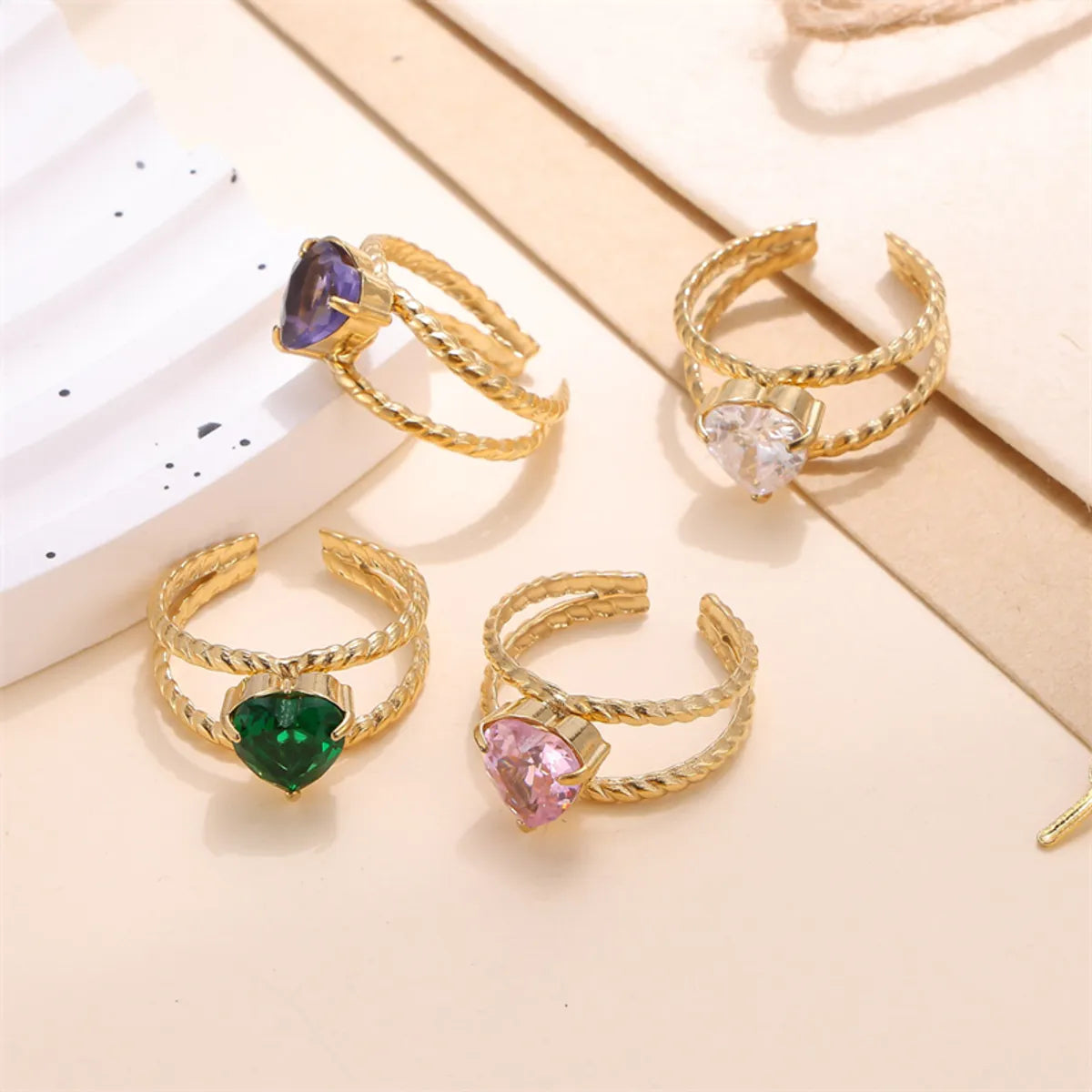 Women’s twisted band ring-Commute Heart Shape Stainless Steel Plating Inlay Zircon 18k Gold Plated Open Rings