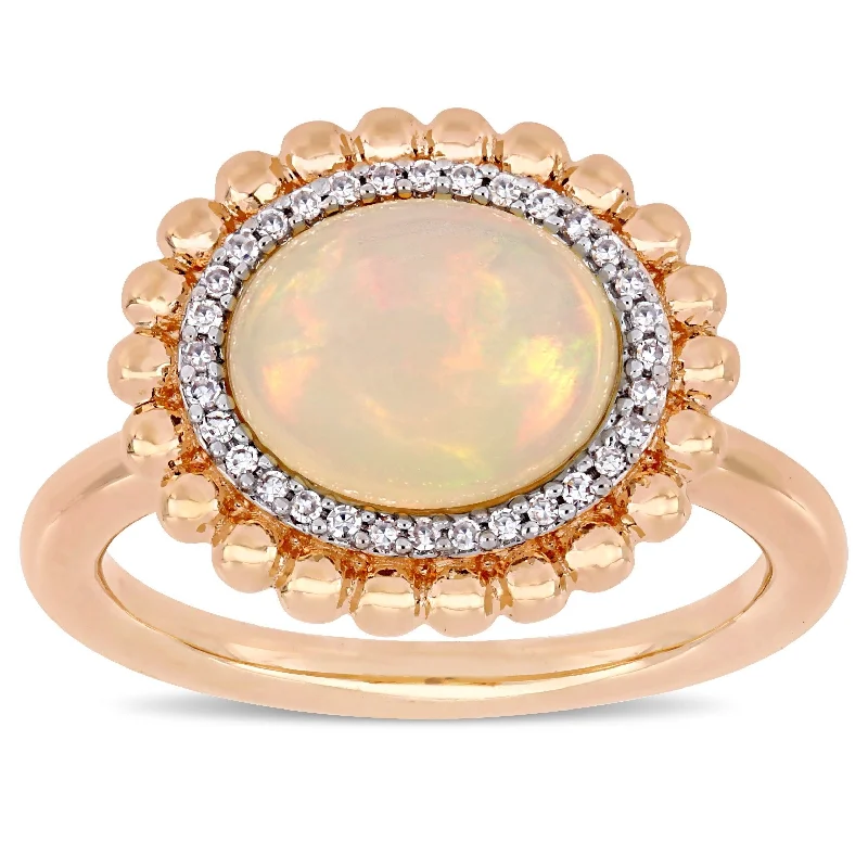 Women’s halo diamond ring-Miadora 14k Rose Gold Blue-Hued Ethiopian Opal and 1/10ct TDW Diamond Beaded Halo Cocktail Ring