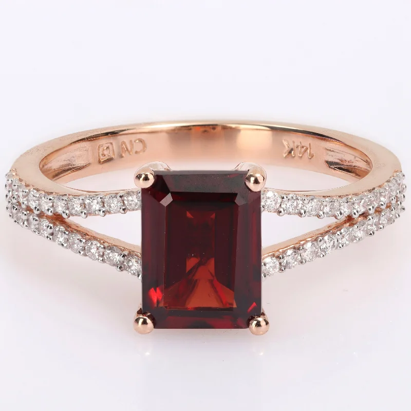 Women’s antique-style ring-Miadora Octagon-Cut Garnet and 1/5ct TDW Diamond Split Shank Cocktail Ring in 14k Rose Gold