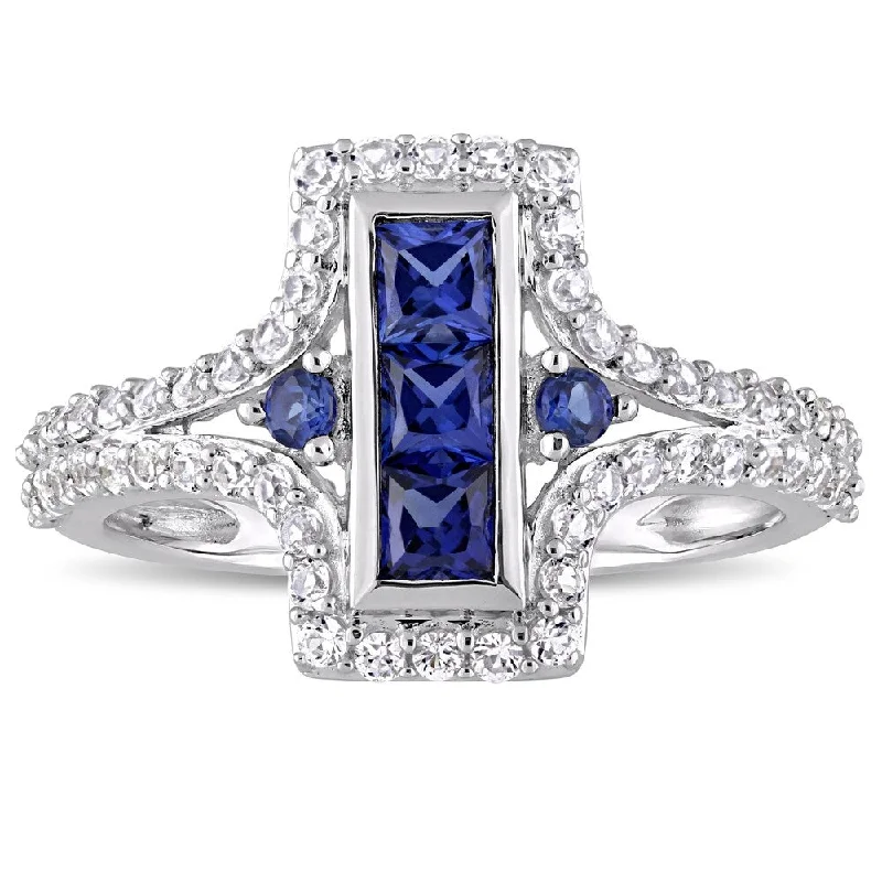 Women’s emerald cut ring-Miadora Sterling Silver Created Blue and Created White Sapphire Bar Statement Ring