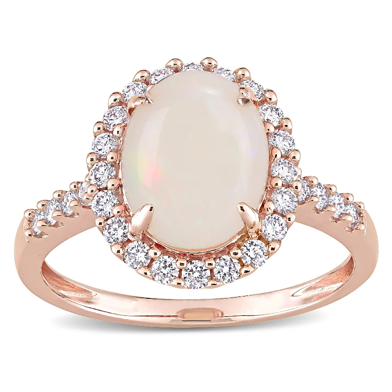 Women’s anniversary diamond ring-Miadora 14k Rose Gold Oval-cut Opal and 2/5ct TDW Diamond Halo Cocktail Ring