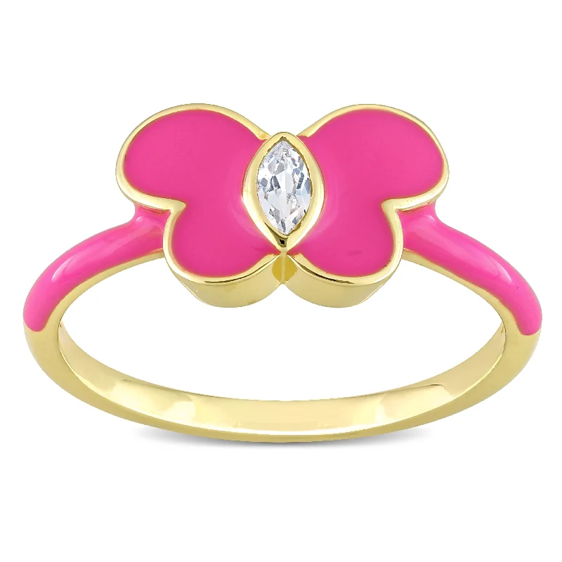 Women’s emerald cut ring-Miadora Created White Sapphire Butterfly Enamel Ring in Yellow Plated Sterling Silver