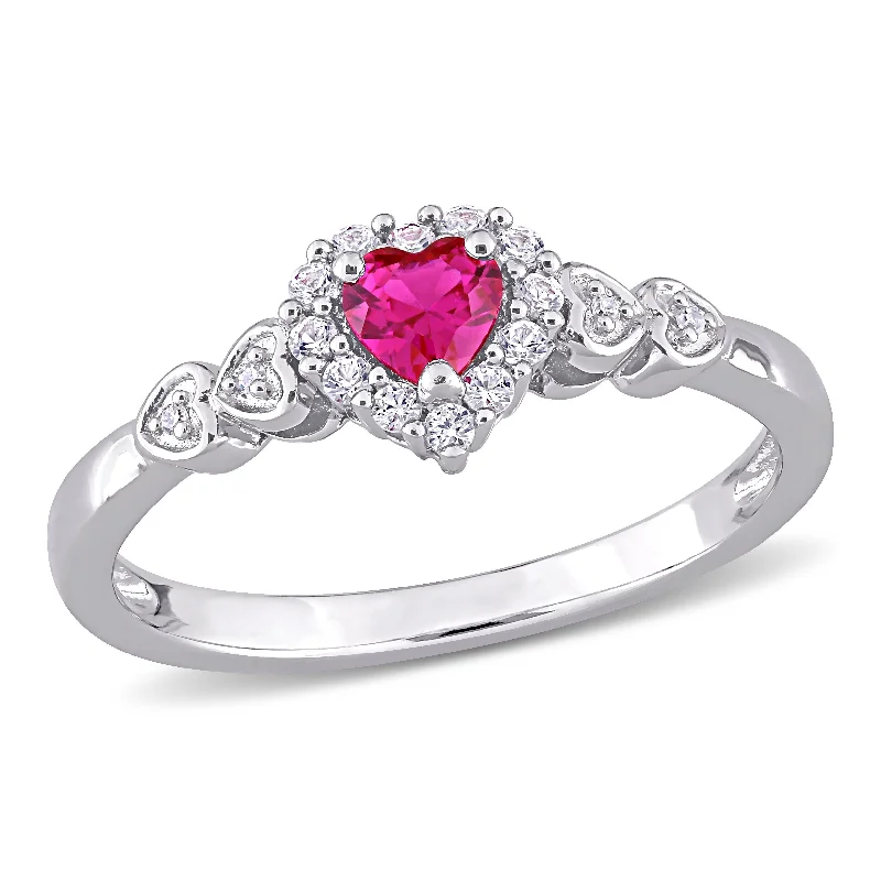 Women’s luxury gemstone ring-Miadora Sterling Silver Created Ruby and Created White Sapphire Diamond Accent Heart Halo Ring