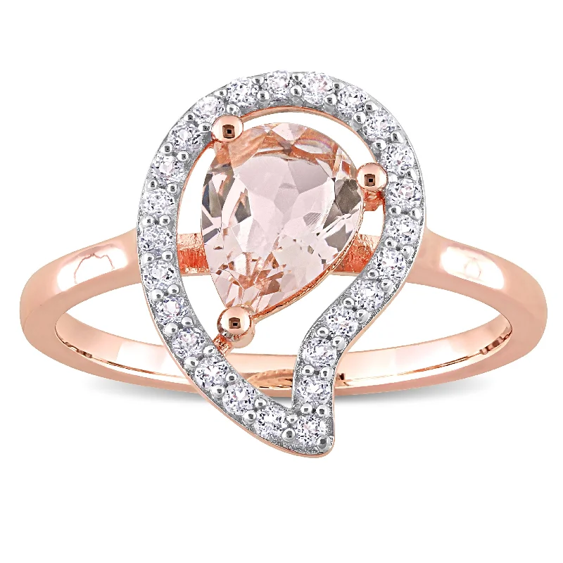 Women’s black diamond ring-Miadora Morganite and White Topaz Halo Teardrop Ring in Rose Plated Sterling Silver