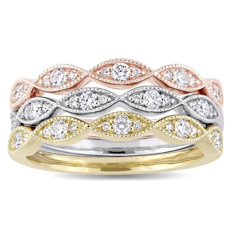 Women’s fashion statement ring-Miadora Signature Collection 3-Tone 14k White Yellow and Rose Gold 1/2ct TDW Diamond 3-Piece Ring Se