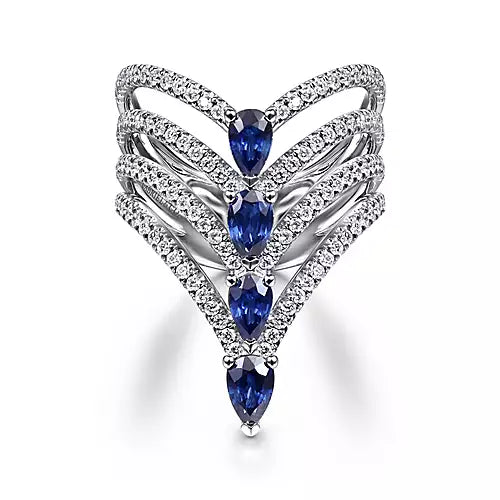 Women’s engagement ring-14kt White Gold Multi Row Diamond and Sapphire Chevron Ring