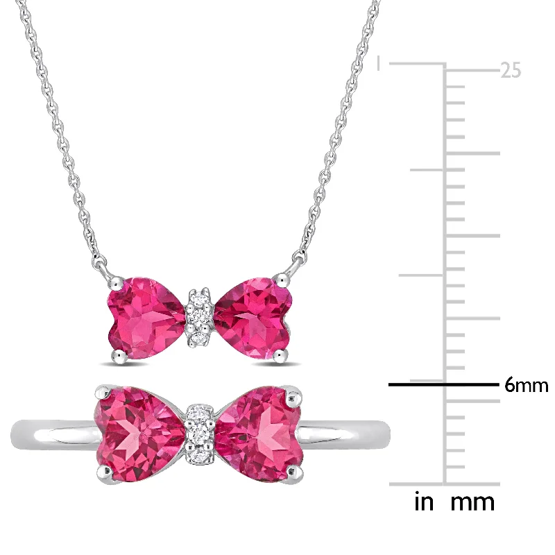 Women’s rose gold necklace-Miadora 2-1/10ct TGW Heart Pink Topaz Diamond Accent 2-Piece Bow Necklace Ring Set 10k White Gold