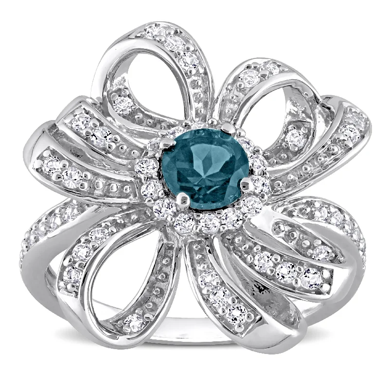 Women’s gold wedding band-Miadora London Blue Topaz and White Topaz Floral Cluster Ring in Sterling Silver