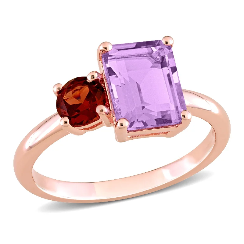 Women’s leaf design ring-Miadora 2 4/5ct TGW Octagon Amethyst and Garnet Ring in Rose Silver