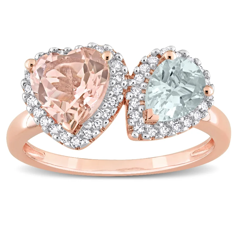 Women’s black diamond ring-Miadora Morganite Aquamarine and 1/5ct TDW Diamond Heart-Pear Ring in 14kt Rose Gold