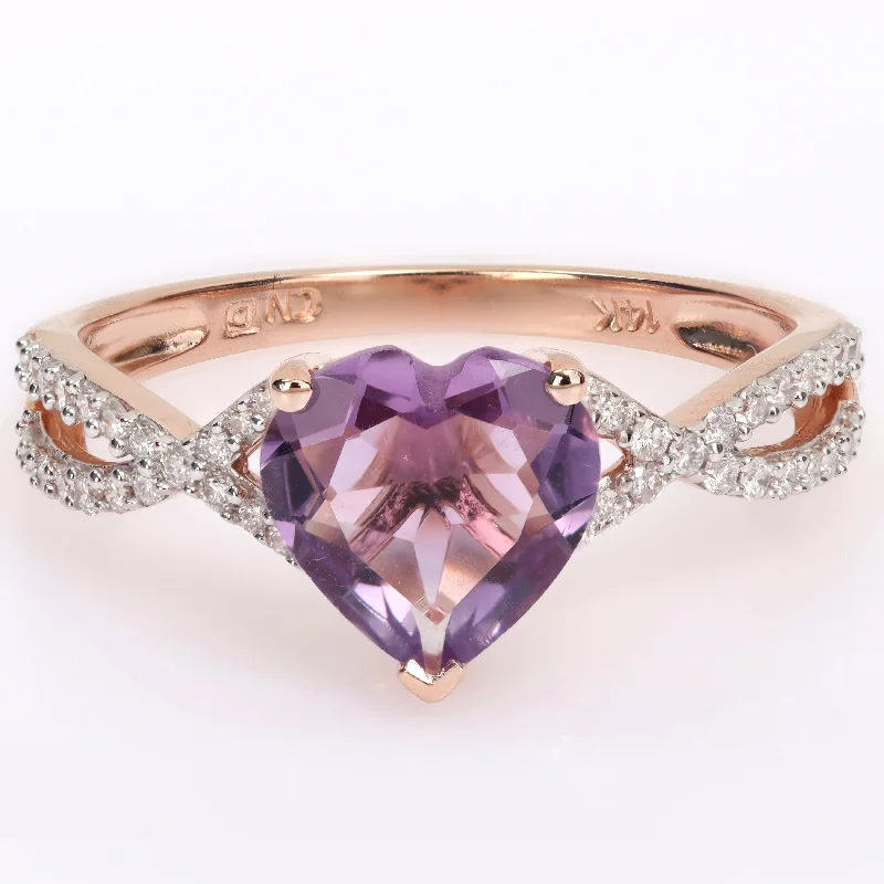 Women’s eternity ring-Miadora Heart-Cut Amethyst and 1/5ct TDW Diamond Crossover Ring in 14k Rose Gold