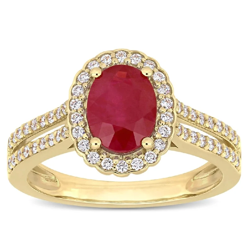 Women’s eternity diamond ring-Miadora 14k Yellow Gold Ruby & 1/3ct TDW Diamond Halo Double Row Ring