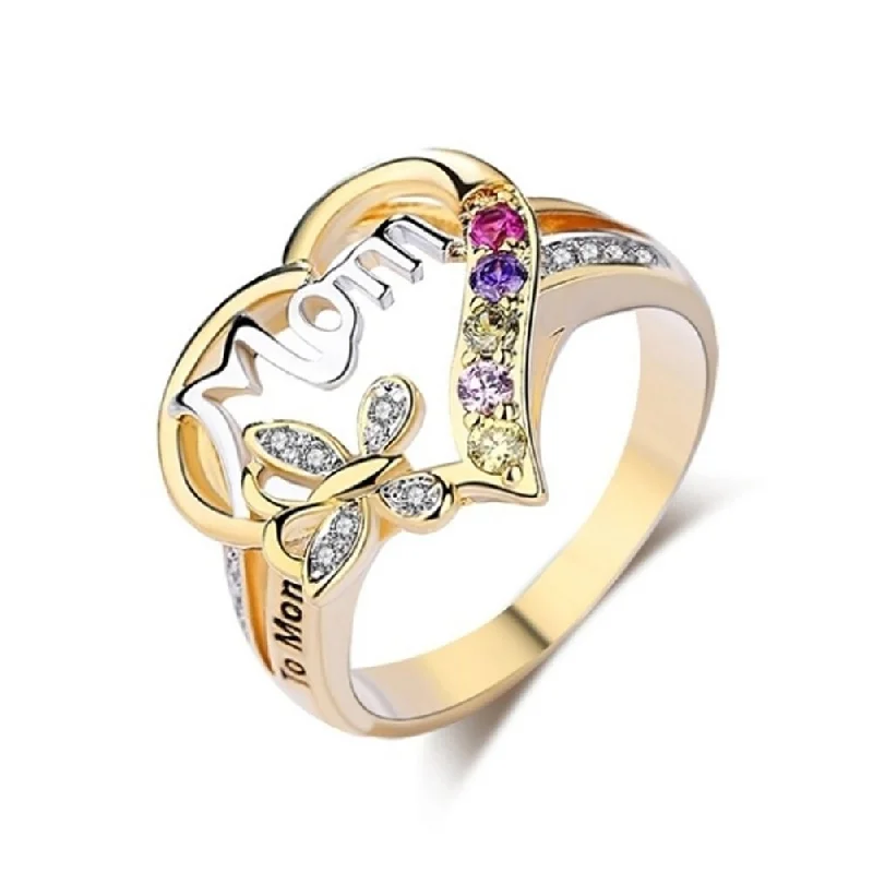 Women’s trendy ring-Hollow Heart English Letter Love Mom Rhinestone Butterfly Finger Ring Jewelry - golden