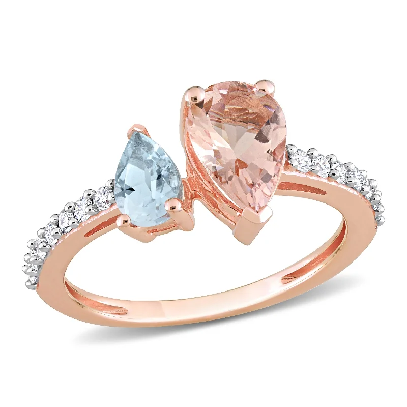 Women’s custom design engagement ring-Miadora 1 1/2ct TGW Pear Shape Morganite, Aquamarine and 1/5ct TW Diamond Ring in 14k Rose Gold