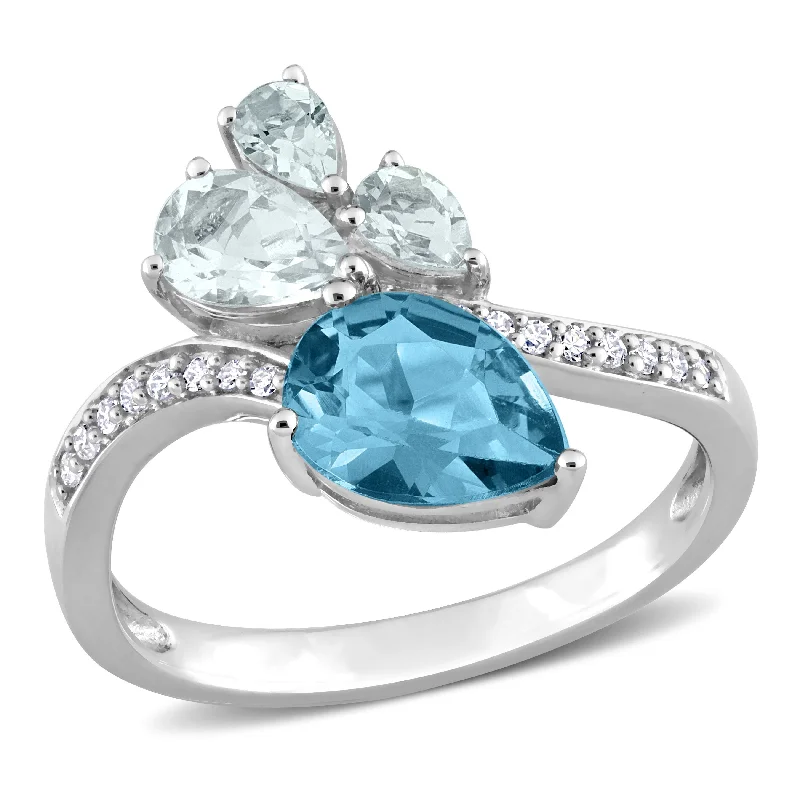 Women’s art deco engagement ring-Miadora 1 7/8ct TGW Pear-Shape London Blue Topaz and Aquamarine and 1/10ct TDW Diamond Toi et Moi Ring in 14k White Gold