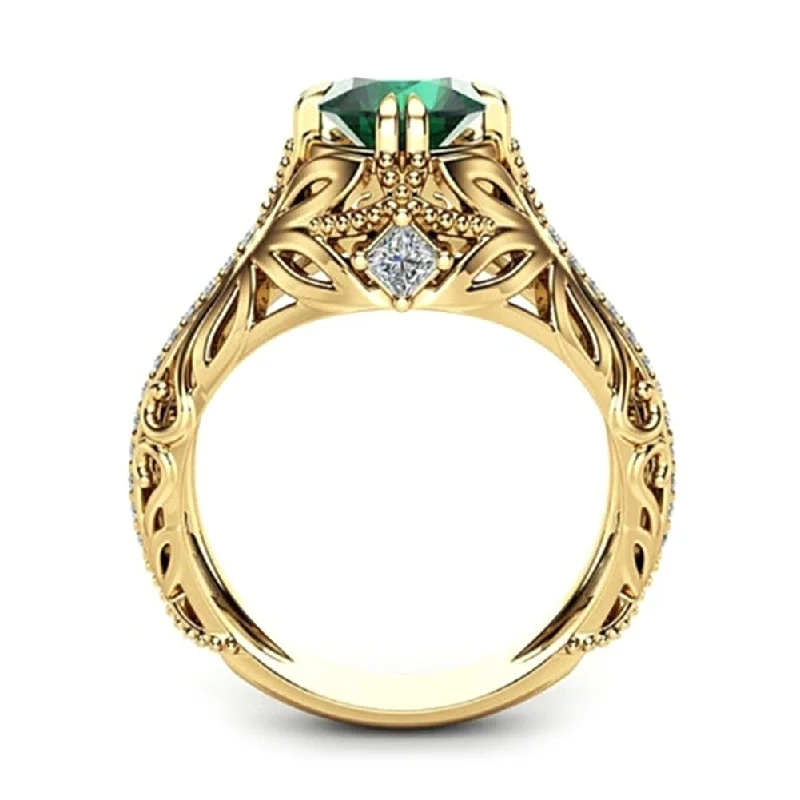 Women’s cluster diamond ring-Antique Women Gold Plated Oval Emerald Inlaid Finger Ring Jewelry Valentine Gift - golden