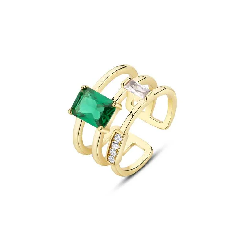 Women’s bridal ring set-Asscher Cut Green Emerald Open Ring-Gold Plating