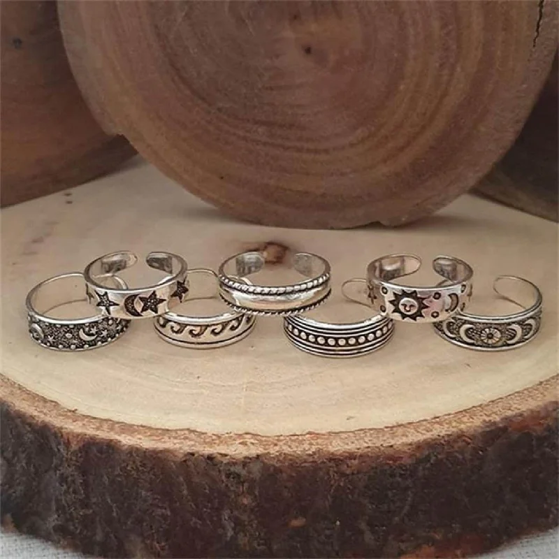 Women’s emerald ring-7Pcs Toe Rings Moon Star Opening Jewelry Bohemian Electroplating Toe Rings For Beach - Silver