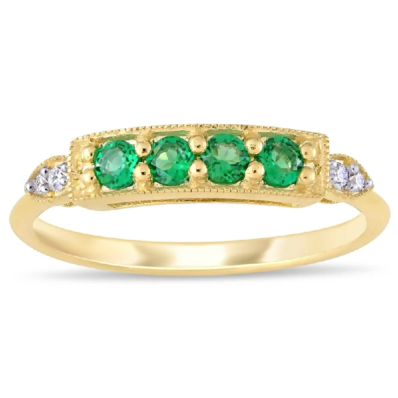 Women’s ruby ring-Miadora 10k Yellow Gold Created Emerald and Diamond Milgrain Detail Bar Ring